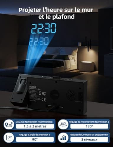LIORQUE Radio Reveil Projection Plafond, Reveil Projecteur Plafond avec Double Alarme, Radio Réveil avec Grand Écran, Snooze, Réglage de Luminosité Infini, 2 Ports de Chargement USB