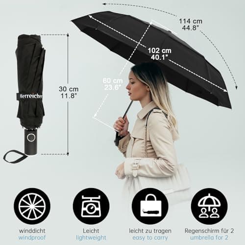 Herreicher Parapluie Pliant Résistant au Vent - Nouveau Automatique Parapluie Solide aux Tempêtes Portable Compact Double Toit Coupe-vent Ventilé De Voyage Grand Pour Homme et Femme (Noir)