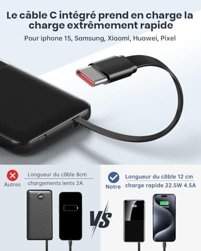 Batterie Externe 10000mAh avec Câbles Intégrés, 22.5W PD3.0 QC4.0 Batterie Externe USB C Câble Charge Rapide Batterie Portable 4 Sorties avec Affichage LED Compatible avec iPhone Samsung Huawei Xiaomi
