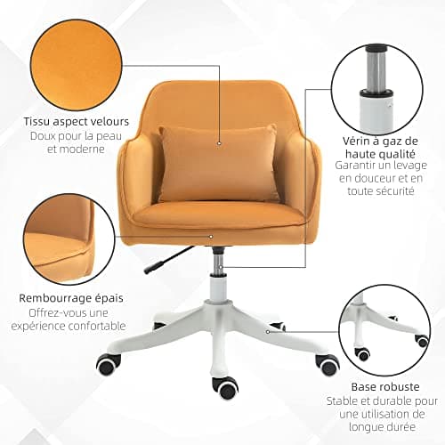 HOMCOM Chaise de Bureau Velours Fauteuil Bureau massant Coussin Lombaire intégré Hauteur réglable pivotante 360° Jaune