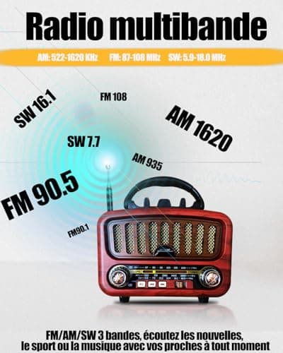 Poste Radio Portable avec Haut-Parleur Bluetooth, AM/FM/SW Petite Radio Vintage avec Haut-Parleur 5W et Bluetooth 5.0, Transistor Radio a Pile avec Fonction USB/TF/AUX (Rouge)