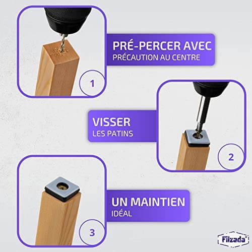 Filzada® 26x Patins pour Meubles Téflon avec vis - 25 x 25 mm (carré) - PTFE Patins pour Meubles/Planeur PTFE (Teflon) avec vis