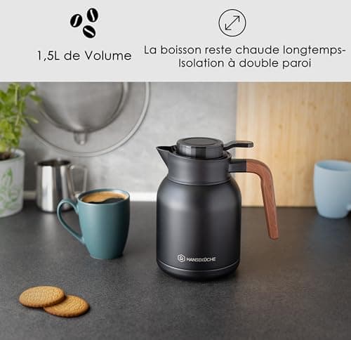 Thermos Hanseküche (1,5L) en acier inoxydable 304 de haute qualité - thermos, cafetière avec aspect bois élégant (noir)