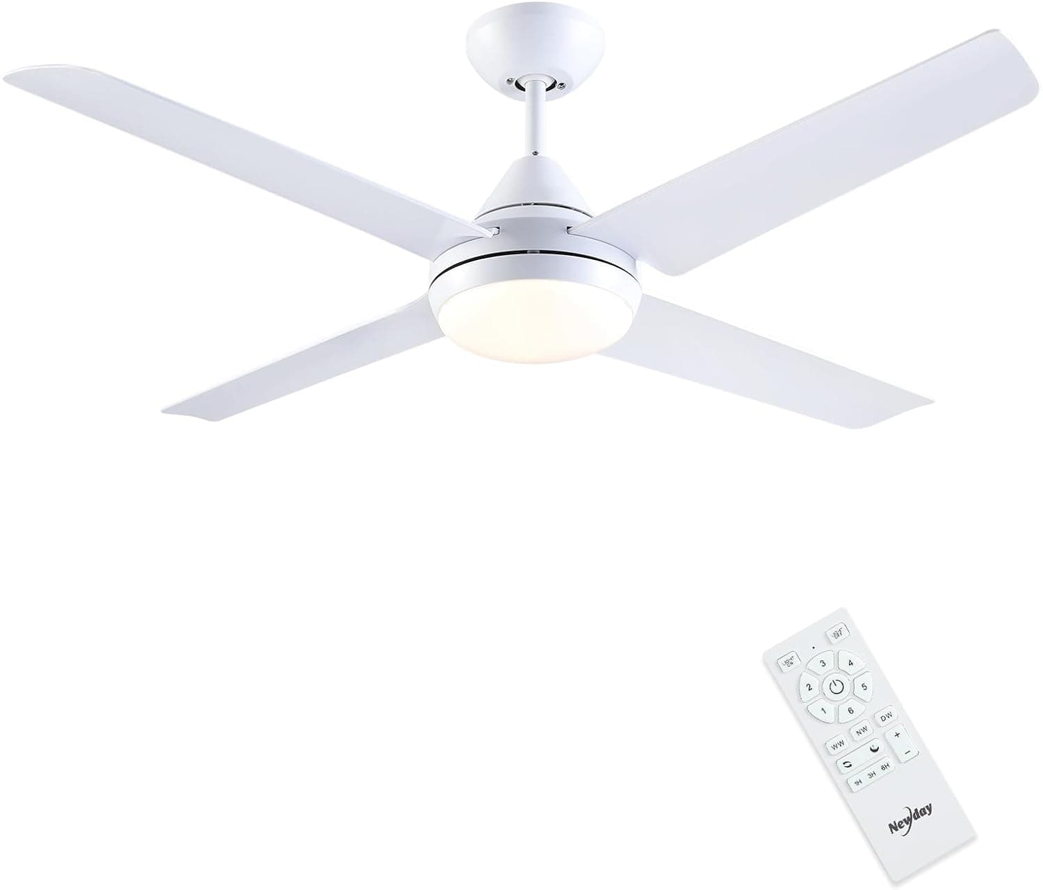 Newday 122CM Ventilateur de Plafond 4 Pale Blanc avec Lumiere Silencieux