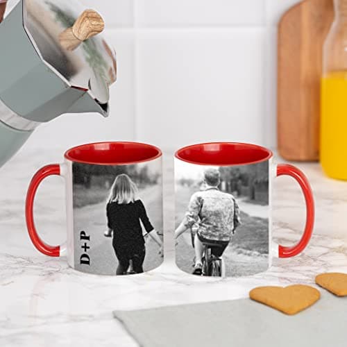 Wanapix | Tasse Personnalisée avec Photo et Texte | Tasse à Café Personnalisable | Céramique Mug | Cadeau Original | Va au micro-ondes | 325ml | Intérieur et Poignée Rouge