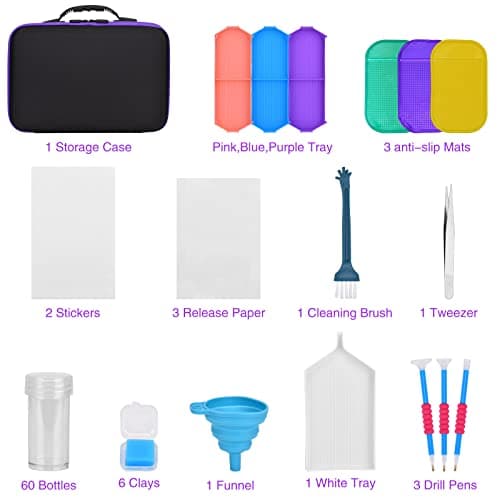 DUOJIN Boîte de Rangement pour Peinture au Diamant 5D, Box avec Entonnoir, Boîte de Tri pour Broderie Portable, Quick Point Caisse de rangement, Artisanat de Bricolage Pince à épiler 60 Compartiments