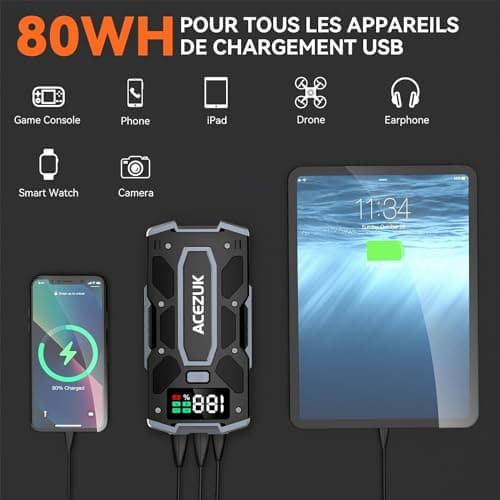 ACEZUK Booster Batterie Voiture 5000A, Démarreur de Batterie de Voiture Portable(Jusqu'à 8.0L Diesel ou 10.0L Gaz), 12V Jump Starter, Pinces Intelligentes avec Écran, Lumière LED, Port de QC3.0