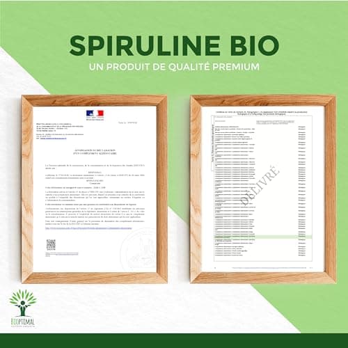 Spiruline Bio - Bioptimal - Complément alimentaire - BCAA Fer Vitamine A - 65% de Protéine - 17% de Phycocyanine - 500 mg/comprimé - Conditionnée en France - Certification Ecocert - 600 comprimés