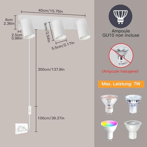 TaFiCo Applique Murale Intérieure avec Prise et Interrupteur 3 Spots - Blanc GU10 Lampe de Chevet Murale Moderne Tourner 350° - Lampe Murale pour Chambre Salon Couloir Peinture Murale - Sans Ampoules