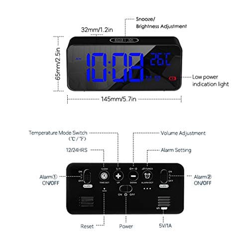 HOMVILLA Réveil Numérique avec Grand Affichage de la Température LED, Alarme de Miroir Portable avec Double Alarme Roupillon Temps Gradateur de Luminosité Réglable sur 4 Niveaux (Noir-1)