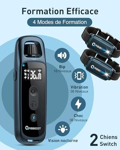 ABBIDOT Collier De Dressage pour Chien - Portée De 1000m, 5 Modes avec Choc Statique Pour 2 Chiens, Rechargeable IPX7 étanche Collier électronique pour Petits Chiens Moyens Grands Chiens (6~55 Kg)Bleu