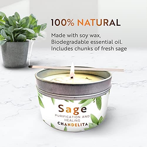 CHANDELITA Bougie D'aromathérapie Parfumée à la Sauge pour la Bénédiction, Feuilles de Sauge, à la Cire de Soja pour la Purification, la Relaxation, la Méditation, la Guérison des Chakras