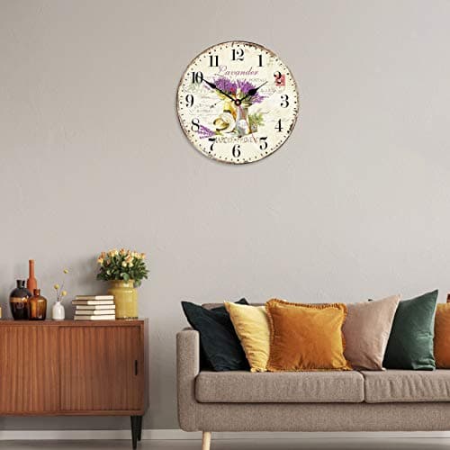 TAHEAT Romantique Lavande Horloge Murale, Français Mauve l'amour Floral Horloges, Exact Décoratif Lisible Pendules Murales pour Le Salon/Chambre/Salle de Bains/ 34 cm
