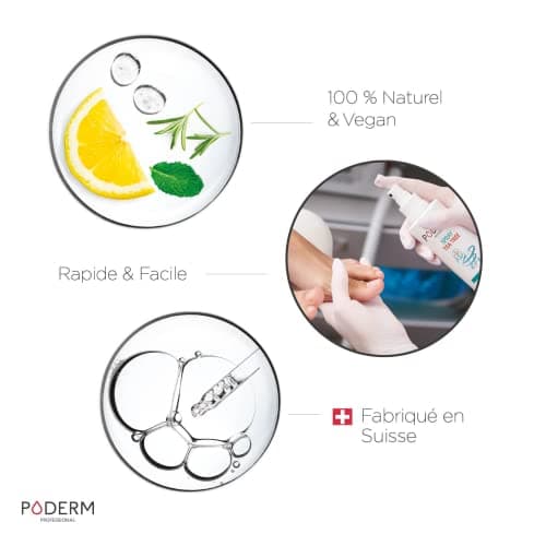 PODERM - MYCOSE PIEDS ATHLETES SPRAY TEA TREE 3en1 | Désodorisant (anti odeur), anti transpirant et purifiant | Élimine 99,9% des champignons | Soin professionnel pied | Facile & rapide | Swiss Made