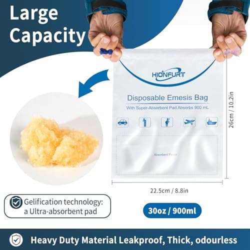Hionfurt Absorbants Sacs à vomi Zéro Odeur, 26 packs Transforme Le Vomi en Gel,sac a vomi, Sacs Nausées Portables de 900 ml Pour le Mal de Transport,sac vomissement voiture