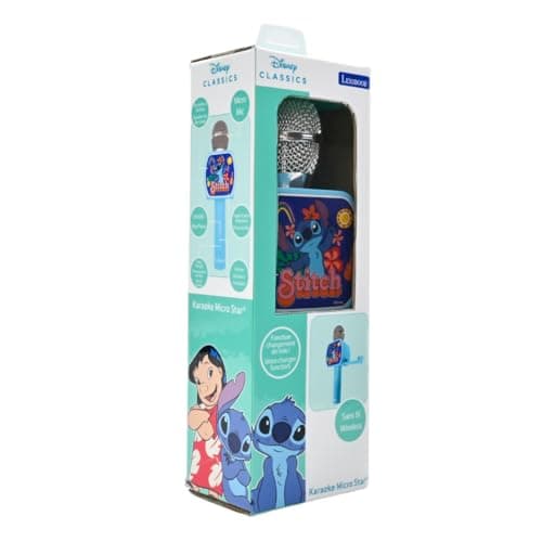 Lexibook- Disney Stitch, Microphone Bluetooth avec Fonction Changement de Voix, Enceinte intégrée, Support de téléphone Inclus, MIC240D, Bleu, Taille Unique