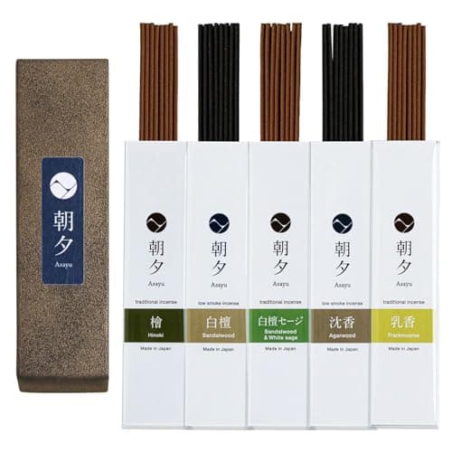 Asayu Japan Assortiment de Bâtonnets d'Encens Japonais Naturels, Ensemble de 5 Parfums Naturels, Bois de Santal, Bois d'Agard, Cyprès, Sauge Blanche, Oliban, Fabriqué au Japon sans Bambou