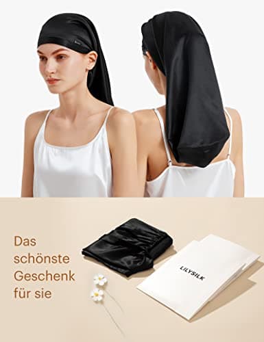 LILYSILK Bonnet de sommeil en soie de mûrier - 100 % soie de 19 momme - Long bonnet de nuit pour cheveux bouclés - Bonnet de nuit pour dormir - Bonnet en soie pour femme avec cheveux longs, Noir ,