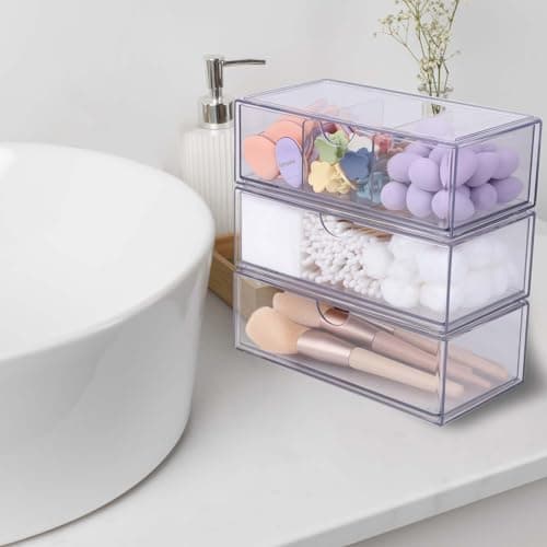DoocliB Lot de 3 tiroirs de rangement empilables en acrylique pour salle de bain,boîte de rangement compacte en plastique pour maquillage ou cosmétiques, boîte à bijoux empilable, transparent