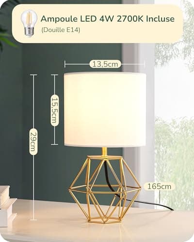EDISHINE Lampe de Chevet avec Abat-jour en Lin Blanc et Base Doré Métallique en Forme de Diamant, E14 Ampoule LED Incluse de 2700K Blanc Chaud, Lampe de Table Moderne pour Chambre, Bureau, Salon