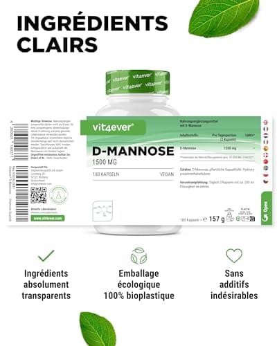D-Mannose - 180 gélules - 1500 mg par portion journalière - Premium : Issu de la fermentation de légumes - Hautement dosé - Naturel - Végétalien