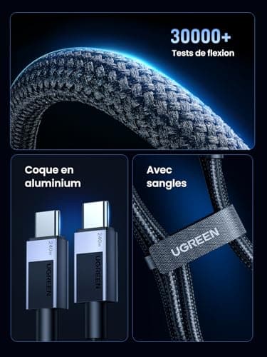 UGREEN 240W Câble USB C vers USB C PD 3.1 5A 48V 180W 140 W Câble USB C Charge Rapide Nylon Tressé Compatible avec MacBook iPad Ordinateur Portable de Jeu iPhone 16 Galaxy S24 Plus Ultra (2M)