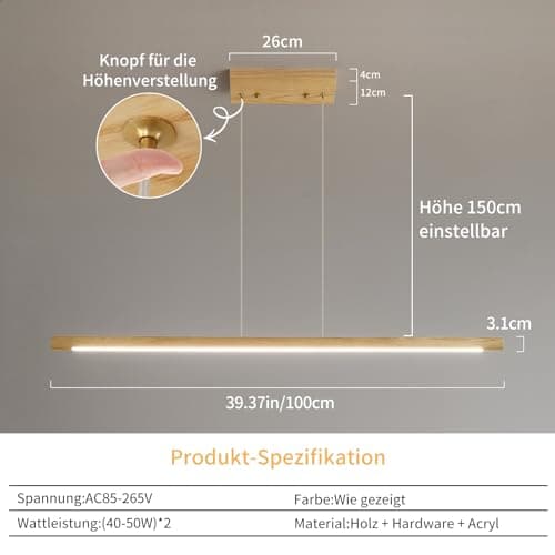 Mikeru 100cm Lampe Pendante Carrée En Bois De Frêne, Lampe Pendante Minimaliste Dimmable De 10% à 100% Luminaires Pendants Réglables En Hauteur
