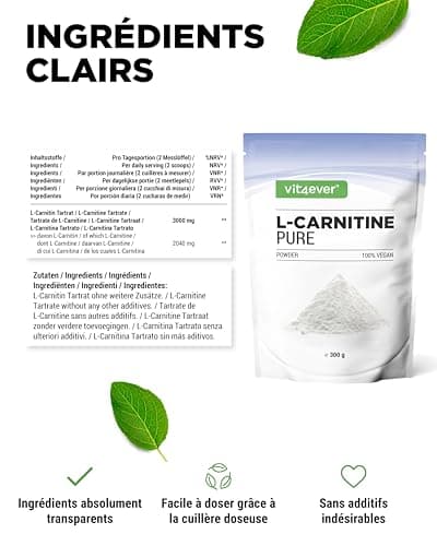 L-Carnitine Pure - 300 g de poudre pure sans additifs - 100% L-Carnitine Tartrate - 100 portions avec 3000 mg de Carnitine en poudre - Vegan - Haute Dose
