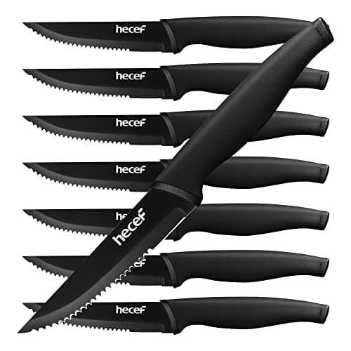 hecef Couteaux à Steak, 8 Pièces Couteaux de Table Aiguisés et Dentelés avec Manche Ergonomique, Set de Couteaux en Oxyde Noir, Couteau Viande en Acier Inoxydable, 12.7cm