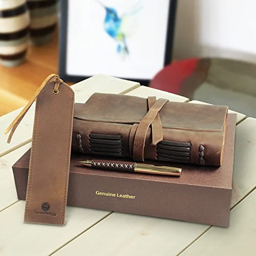 Coffret cadeau Journal en Cuir avec signet en Cuir Effet Vieilli + Stylo, Carnet de notes relié en cuir Carnet Journalier pour lui et pour elle Meilleur Coffret Cadeau De Luxe Carnet de voyage 18x13cm
