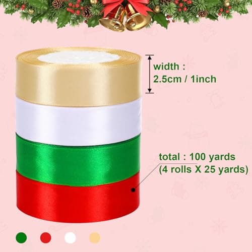 Ruban de Noël 4 Rouleaux, 2.5cm de large, 100 Yards, Rouge, Vert, Or, Blanc, pour Emballage Cadeaux et DIY