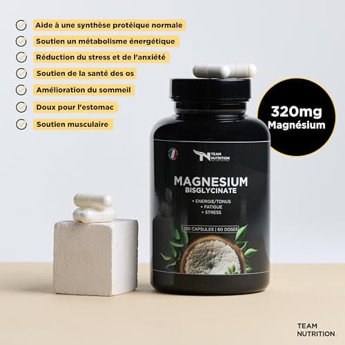 Magnésium Bisglycinate + Taurine & Vitamine B6 - Haute Absorption 320 mg - Anti-Stress, + Sommeil, Fatigue - Santé Os, Muscles, Système Nerveux - 120 Gélules Vegan Marque Française - Team Nutrition