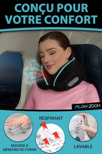 FLOWZOOM Dream Coussin de Voyage en Mousse à Mémoire pour Avion et Voiture – Oreiller de Voyage avec Côtés Rehaussés pour Un Meilleur Soutien, Housse Lavable et Pochette de Transport – Noir