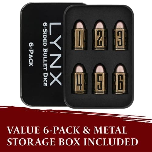 Set de Dés Métal en Forme de Balle/Bullet Dice Set - Six Dés JdR D6 en Laiton - Set de Dés 6 Faces Idéal pour Donjon et Dragon, Warhammer 40k, Jeu de Role,D&D, Accessoires RPG/Dungeons & Dragons/DND