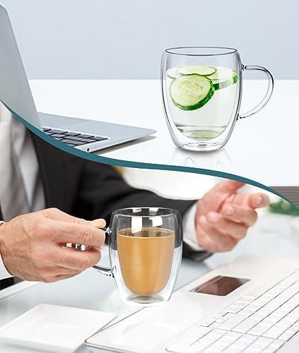 Buumin Lot de 4 Tasses en Verre à Cappuccino, 350ml Verres Double Paroi, Tasses à Café en Verre Isolées avec Poignée, Verres Transparent pour Latte, Thé, Jus, Lait, Boissons Chaudes Froides(4x350ml)
