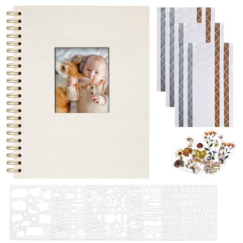 Vienrose Album Photo Scrapbooking, 28,5 x 20,5 cm Album Photo en Lin avec 40 Pages Papier Kraft Blanc Vierge, Kit de Fournitures de Scrapbooking DIY pour Couple Bébé Famille Mariage, Beige