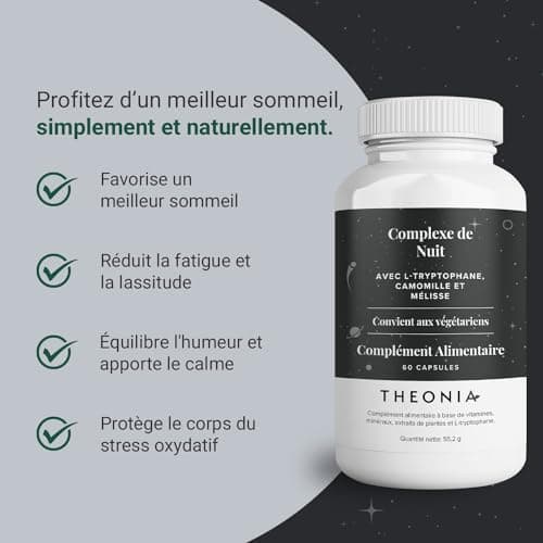 Complexe nuit de Theonia avec 100 mg L-tryptophane, camomille et Mélisse Supplément naturel pour le sommeil et la relaxation - 60 gélules, Sans OGM, Végétarien