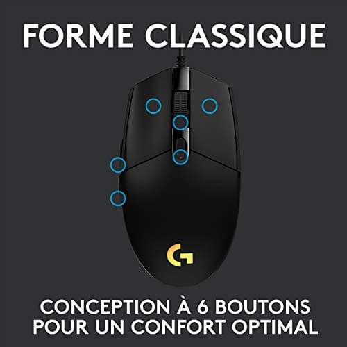 Logitech G203 LIGHTSYNC USB Souris Gaming avec Éclairage RVB Personnalisable, 6 Boutons Programmables, Capteur Niveau Gaming, 8 000 PPP, Ultra-Léger - Noire