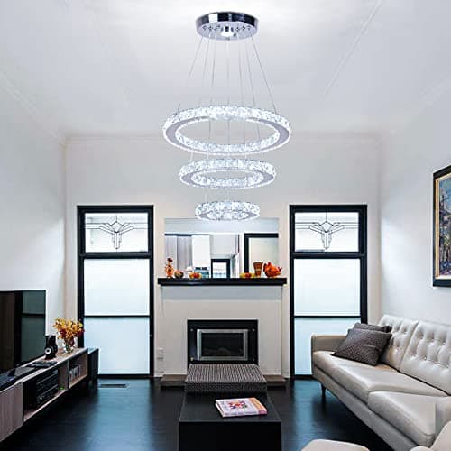 Cainjiazh Lustre moderne en cristal 3 anneaux LED ronds Lustre pendentif DIY en acier inoxydable ajustable Lustre plafonnier pour salle à manger chambre à coucher salon (Cool White)