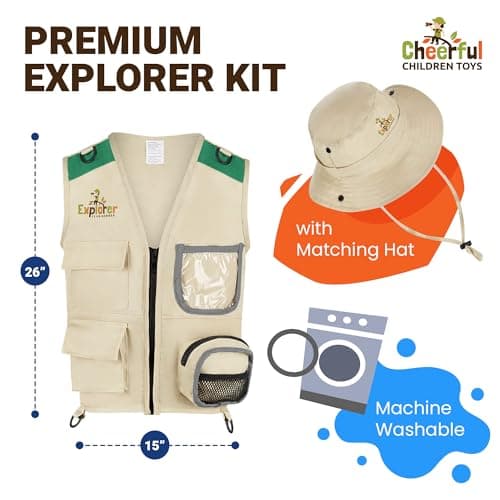 Cheerful Children Toys Kit Explorateur pour Enfants - Déguisement Aventurier avec Chapeau d’Explorateur et Gilet Cargo - pour Garçons et Filles de 3 à 7 Ans, Jouets Éducatifs STEM