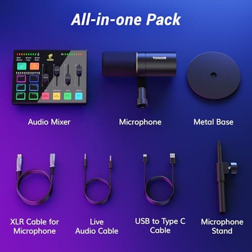 TONOR Ensemble D'équipements de Podcast, Interface Audio USB et Microphone Dynamique XLR, Kit de Podcast avec Mixeur audio RGB, Parfait pour L'enregistrement, La diffusion, Le streaming et Les Jeux