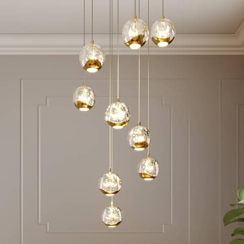LED Suspension en verre Hayley (Moderne) Doré Métal e. a. pour Salon & Salle à manger (à 9 lampes,), Luminaire, Lampe plafond, Luminaire Plafonnier, Suspendue