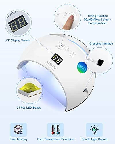 Lampe à Ongles LED 48W Séchoir UV Intelligent 2.0 pour vernis à Ongles Gel Couleur Basse Indolore en Manucure/Pédicure SUN6 Blanc