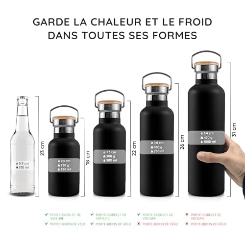 Bambaw Gourde 1l Isotherme, Bouteille d'Eau Noire, Gourde Isotherme 1l Inox, Gourde Sans BPA, Gourde Réutilisable – Noir Onyx