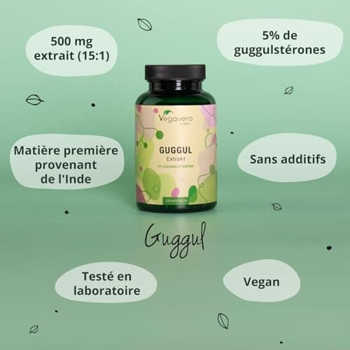 Guggul PREMIUM Vegavero® | 120 Gelules (4 mois) | 5% de Guggulstérones | Cholesterol + Antioxydant Puissant l DOSE LA PLUS ELEVEE: 500 mg d'Extrait par Gélule | Sans Additifs et VEGAN