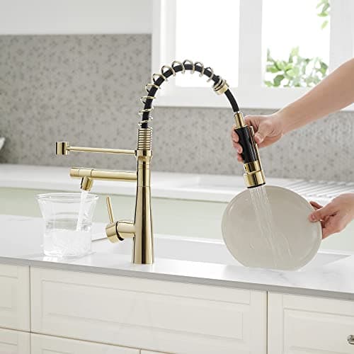 TIMACO - Robinet de cuisine doré - Avec ressort spiralé - Pivotant à 360° - Avec deux becs - Robinet de cuisine et douchette extensible - Haute pression