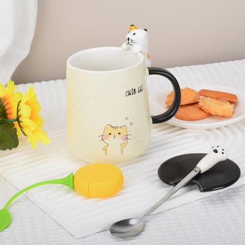 XinHuiGY Tasse de chat,Tasse à café mignonne en céramique,avec couvercle en forme de chat 3D et cuillère,pour thé, lait, chocolat chaud, cadeau pour Noël, anniversaire pour filles et femmes (Jaune)