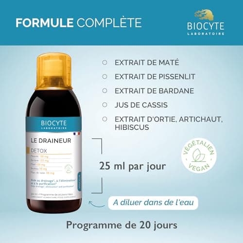 BIOCYTE Le Draineur 500 ml - Drainage et Elimination, Favorise la Purification - Maté, Pissenlit, Bardane, Cassis, Ortie, Artichaut, Hibiscus - Végétalien - Programme de 20 jours - Fabriqué en France