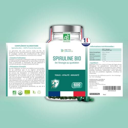 Spiruline BIO - 3000mg par jour - 600 Comprimés - Complément Alimentaire Riche en Protéines, Antioxydants, Fer et Phycocyanine - 100% Agriculture Biologique Controlée - De l'Énergie au Quotidien!
