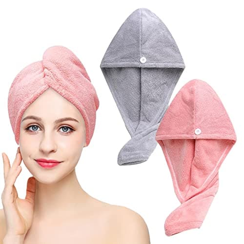 Cheveux Serviette, Rayyl 2 pièces Serviettes de Séchage pour Cheveux avec Boutons, Serviette à Cheveux en Microfibre Super Absorbante Cheveux Secs Rapidement pour Femmes